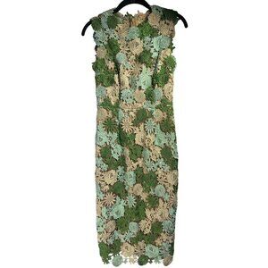 Anthropologie Sz 2 Dress Emerald Green Applique Floral Sleeveless Midi Dress